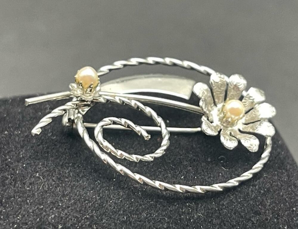 Vintage Sterling Silver Floral Pin Brooch Real Pearls Textured Flower Petals VTG